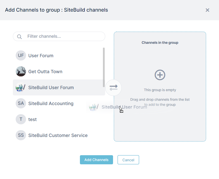 Selection box for adding channels to the group